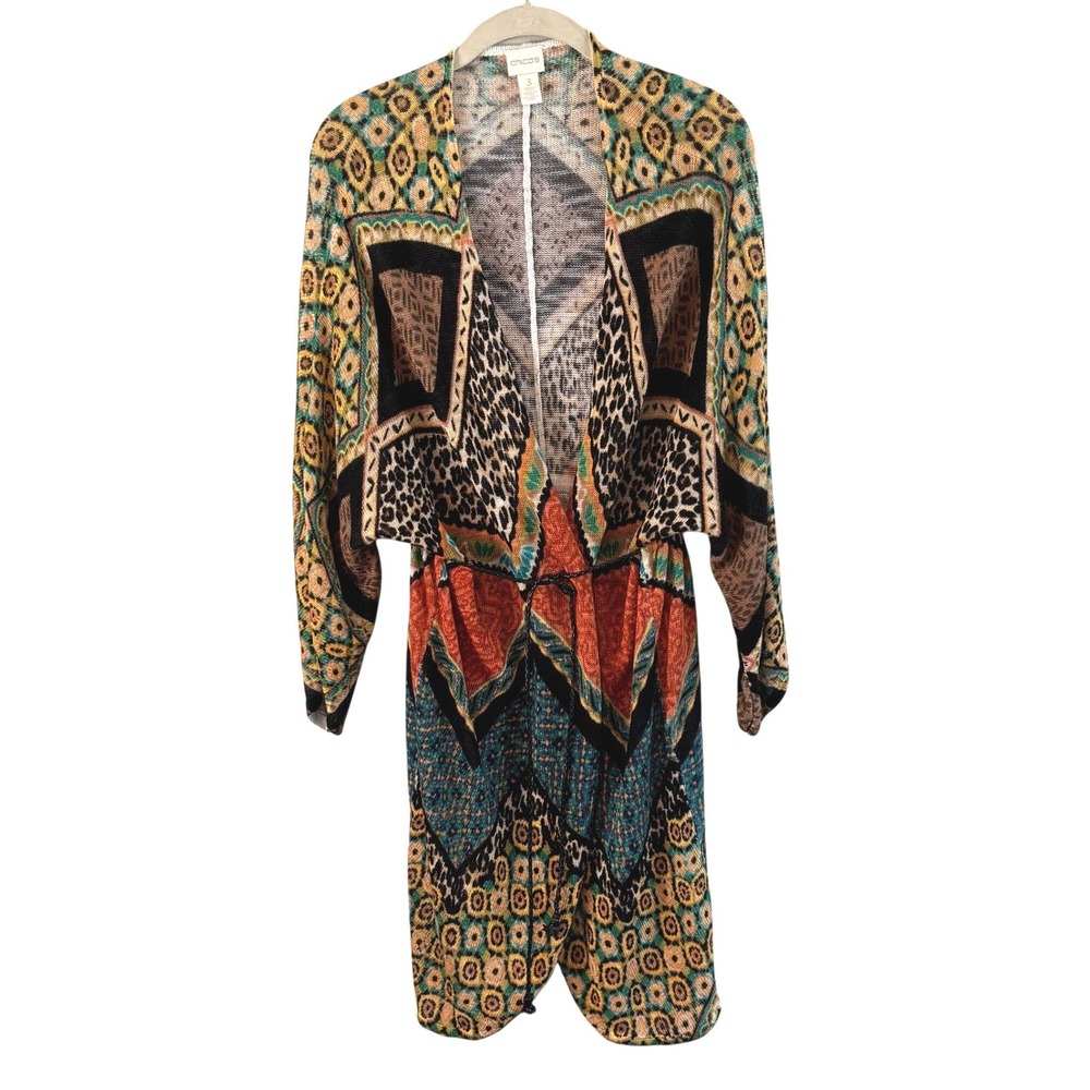 Chico's‎ Printed Ramie Rayon Open Cardigan Duster Drawstring Size 3 XL Boho